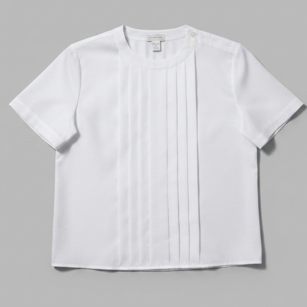 Cymbrion White Pleated Front Short Sleeve Blouse, Women's Sz 14, Shoulder Button